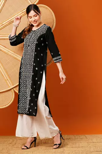 Hand Embroidered Black & White Cotton Lucknow Chikankari Indian Women Straight Kurta