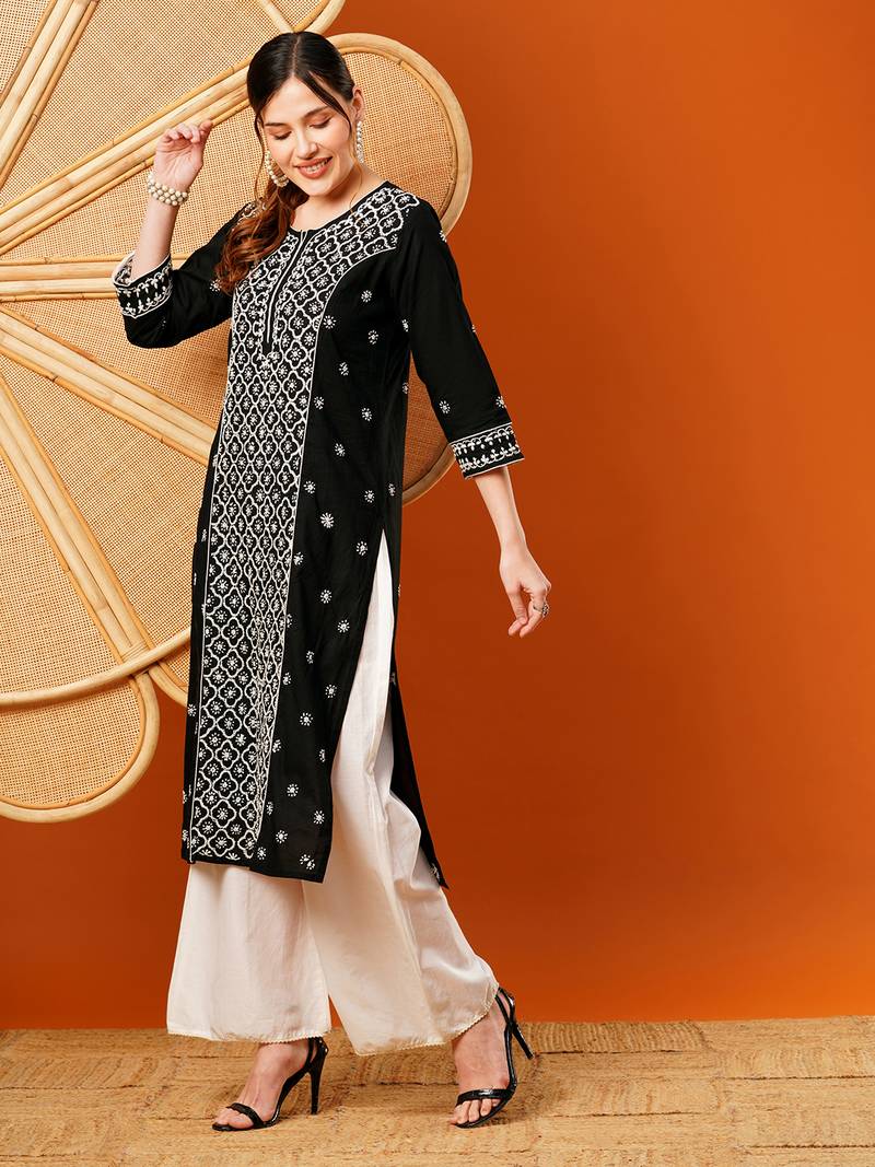 Hand Embroidered Black & White Cotton Lucknow Chikankari Indian Women Straight Kurta