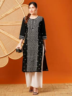 Hand Embroidered Black & White Cotton Lucknow Chikankari Indian Women Straight Kurta 5