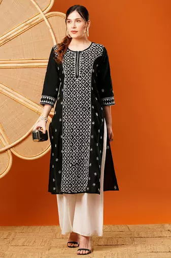 Hand Embroidered Black & White Cotton Lucknow Chikankari Indian Women Straight Kurta