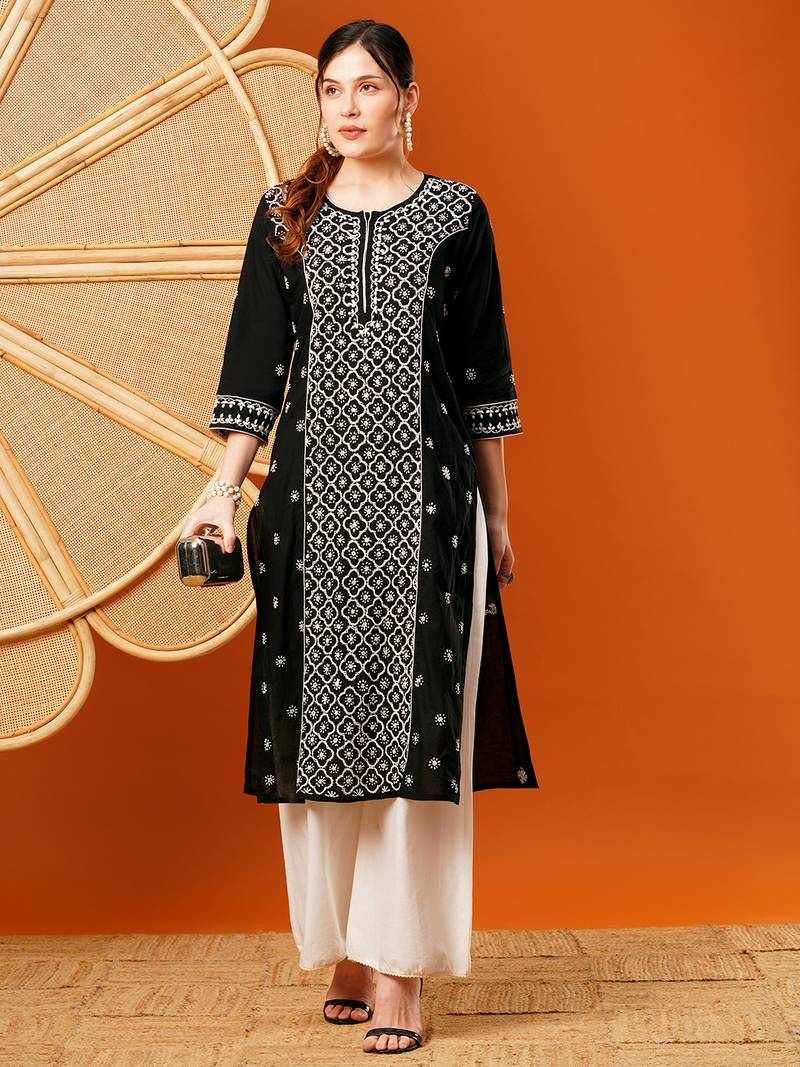 Hand Embroidered Black & White Cotton Lucknow Chikankari Indian Women Straight Kurta