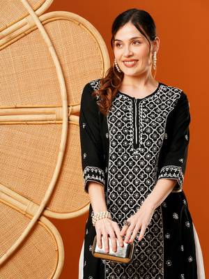 Hand Embroidered Black & White Cotton Lucknow Chikankari Indian Women Straight Kurta 6