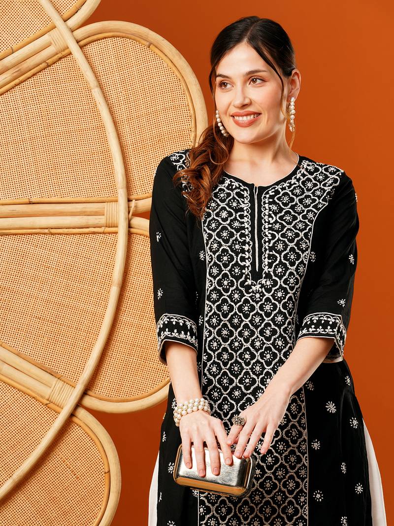 Hand Embroidered Black & White Cotton Lucknow Chikankari Indian Women Straight Kurta