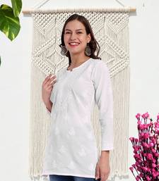 Hand Embroidered White Cotton Lucknowi Chikankari Indian Women Straight Short Kurti