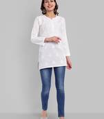 Hand Embroidered White Cotton Lucknowi Chikankari Indian Women Straight Short Kurti