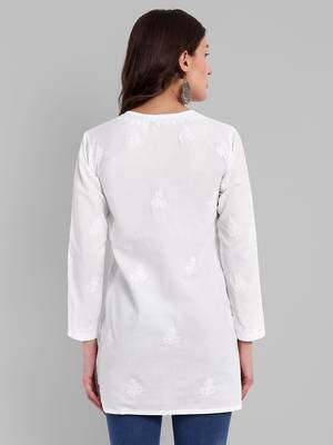 Hand Embroidered White Cotton Lucknowi Chikankari Indian Women Straight Short Kurti 3