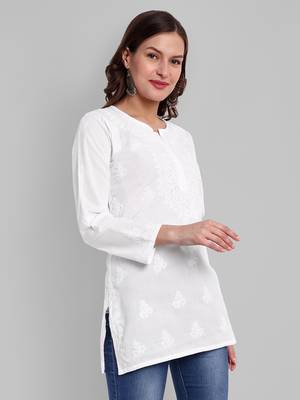 Hand Embroidered White Cotton Lucknowi Chikankari Indian Women Straight Short Kurti 4