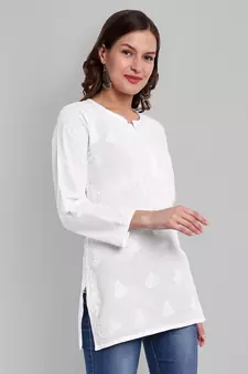 Hand Embroidered White Cotton Lucknowi Chikankari Indian Women Straight Short Kurti
