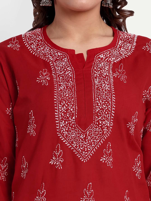 Hand Embroidered Red Cotton Lucknowi Chikankari Indian Women Straight Short Kurti 2