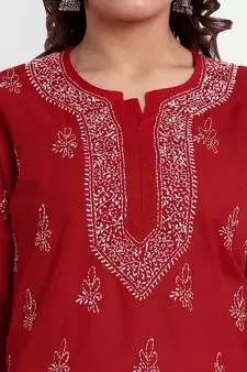 Hand Embroidered Red Cotton Lucknowi Chikankari Indian Women Straight Short Kurti