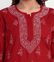 Hand Embroidered Red Cotton Lucknowi Chikankari Indian Women Straight Short Kurti