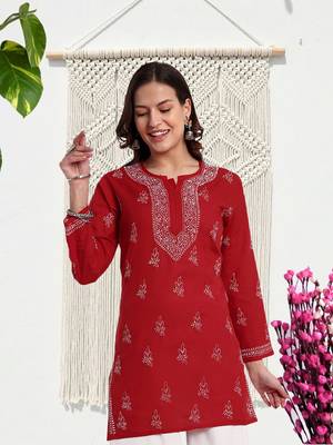 Hand Embroidered Red Cotton Lucknowi Chikankari Indian Women Straight Short Kurti 1