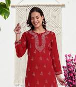 Hand Embroidered Red Cotton Lucknowi Chikankari Indian Women Straight Short Kurti