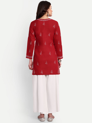 Hand Embroidered Red Cotton Lucknowi Chikankari Indian Women Straight Short Kurti 3