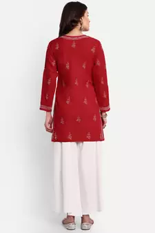 Hand Embroidered Red Cotton Lucknowi Chikankari Indian Women Straight Short Kurti