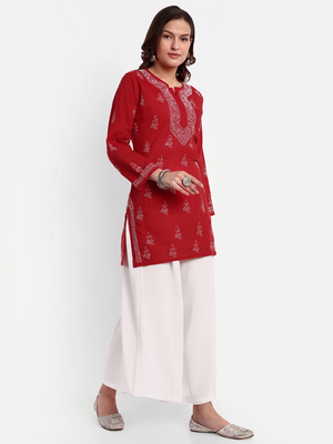 Hand Embroidered Red Cotton Lucknowi Chikankari Indian Women Straight Short Kurti 4
