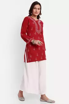Hand Embroidered Red Cotton Lucknowi Chikankari Indian Women Straight Short Kurti