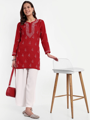 Hand Embroidered Red Cotton Lucknowi Chikankari Indian Women Straight Short Kurti 5