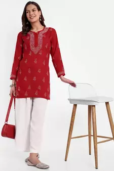 Hand Embroidered Red Cotton Lucknowi Chikankari Indian Women Straight Short Kurti