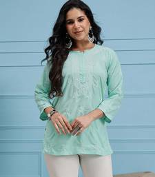 Hand Embroidered Sea Green Cotton Lucknowi Chikankari Indian Women Short Kurti