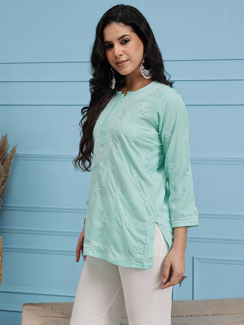 Hand Embroidered Sea Green Cotton Lucknowi Chikankari Indian Women Short Kurti