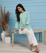Hand Embroidered Sea Green Cotton Lucknowi Chikankari Indian Women Short Kurti
