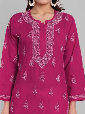 Hand Embroidered Magenta Cotton Lucknowi Chikankari Indian Women Straight Short Kurti 2