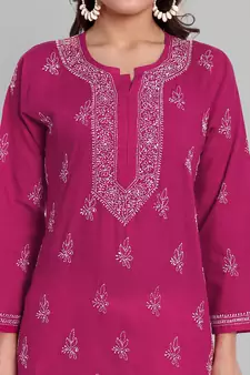 Hand Embroidered Magenta Cotton Lucknowi Chikankari Indian Women Straight Short Kurti