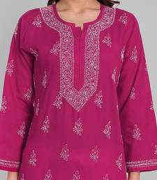 Hand Embroidered Magenta Cotton Lucknowi Chikankari Indian Women Straight Short Kurti