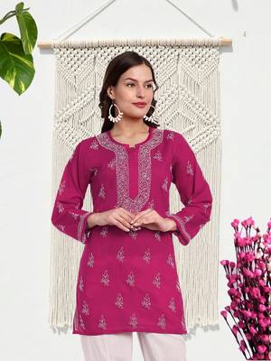 Hand Embroidered Magenta Cotton Lucknowi Chikankari Indian Women Straight Short Kurti 1