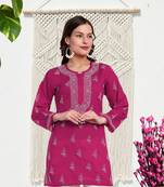 Hand Embroidered Magenta Cotton Lucknowi Chikankari Indian Women Straight Short Kurti