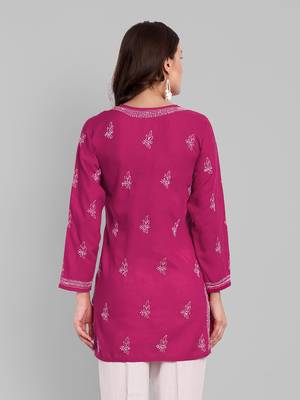 Hand Embroidered Magenta Cotton Lucknowi Chikankari Indian Women Straight Short Kurti 3