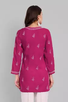 Hand Embroidered Magenta Cotton Lucknowi Chikankari Indian Women Straight Short Kurti