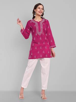 Hand Embroidered Magenta Cotton Lucknowi Chikankari Indian Women Straight Short Kurti 4