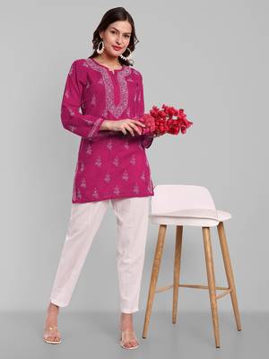 Hand Embroidered Magenta Cotton Lucknowi Chikankari Indian Women Straight Short Kurti 5