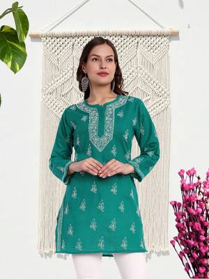 Hand Embroidered Bottle Green Cotton Lucknowi Chikankari Indian Women Short Kurti 1
