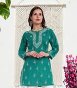 Hand Embroidered Bottle Green Cotton Lucknowi Chikankari Indian Women Short Kurti