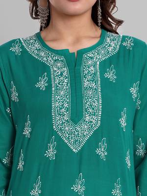 Hand Embroidered Bottle Green Cotton Lucknowi Chikankari Indian Women Short Kurti 2