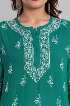 Hand Embroidered Bottle Green Cotton Lucknowi Chikankari Indian Women Short Kurti