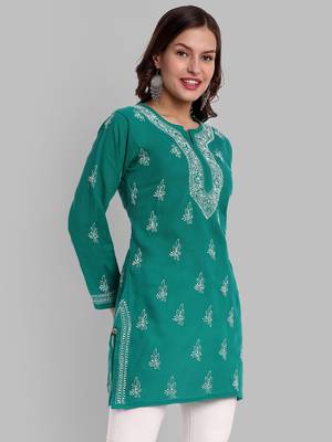 Hand Embroidered Bottle Green Cotton Lucknowi Chikankari Indian Women Short Kurti 3