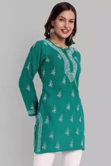Hand Embroidered Bottle Green Cotton Lucknowi Chikankari Indian Women Short Kurti