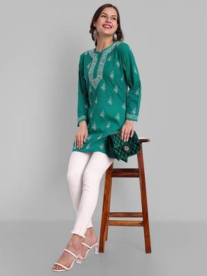 Hand Embroidered Bottle Green Cotton Lucknowi Chikankari Indian Women Short Kurti 4