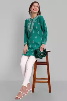 Hand Embroidered Bottle Green Cotton Lucknowi Chikankari Indian Women Short Kurti
