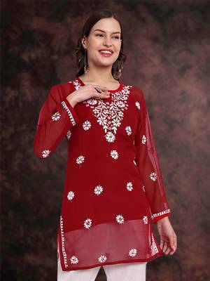 Hand Embroidered Red Georgette Lucknowi Chikankari Indian Women Straight Kurti With Slip 1
