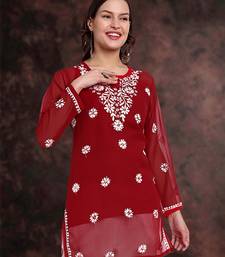Hand Embroidered Red Georgette Lucknowi Chikankari Indian Women Straight Kurti With Slip