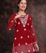 Hand Embroidered Red Georgette Lucknowi Chikankari Indian Women Straight Kurti With Slip