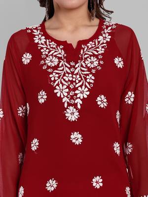 Hand Embroidered Red Georgette Lucknowi Chikankari Indian Women Straight Kurti With Slip 2