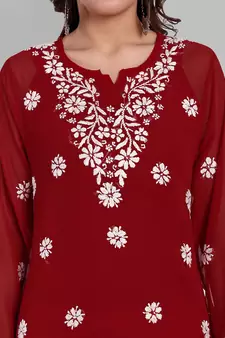 Hand Embroidered Red Georgette Lucknowi Chikankari Indian Women Straight Kurti With Slip