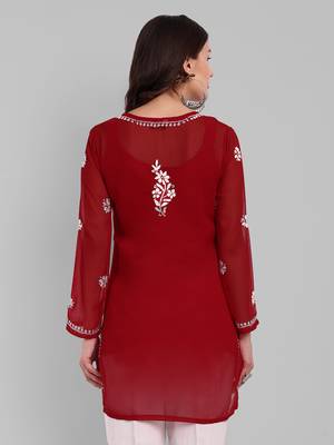 Hand Embroidered Red Georgette Lucknowi Chikankari Indian Women Straight Kurti With Slip 3