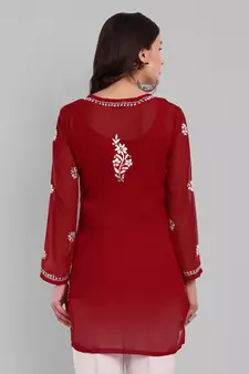 Hand Embroidered Red Georgette Lucknowi Chikankari Indian Women Straight Kurti With Slip